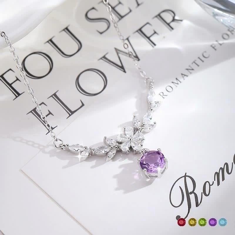 Women 925 Sterling Silver Wisteria Flower Natural Crystal Clavicle Necklace