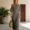 Womens Summer Maxi Dress Boho Off Shoulder Short Sleeve Flowy with Pockets Casual Beach Sun Dress for Holiday Party Daily Wear