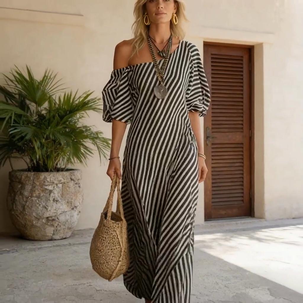 Womens Summer Maxi Dress Boho Off Shoulder Short Sleeve Flowy with Pockets Casual Beach Sun Dress for Holiday Party Daily Wear
