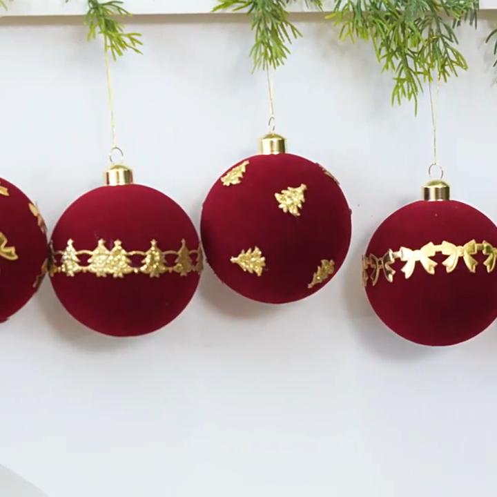 Christmas Party Background Decor 9Pcs Flocked Ball Ornaments Burgundy Velvet Balls with Gold Retro Supplies Embroidery Hanging Tree for Holiday Home