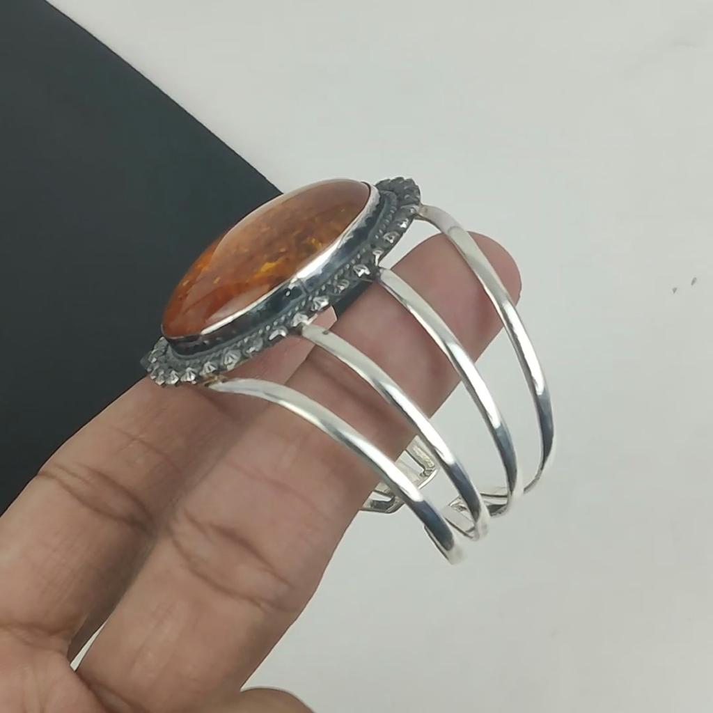 Natural Baltic Amber Gemstone Handmade 925 Sterling Silver Cuff Bangle, Baltic Amber Bangle,For Wife, Unisex Bangle, Gifts For Wadding