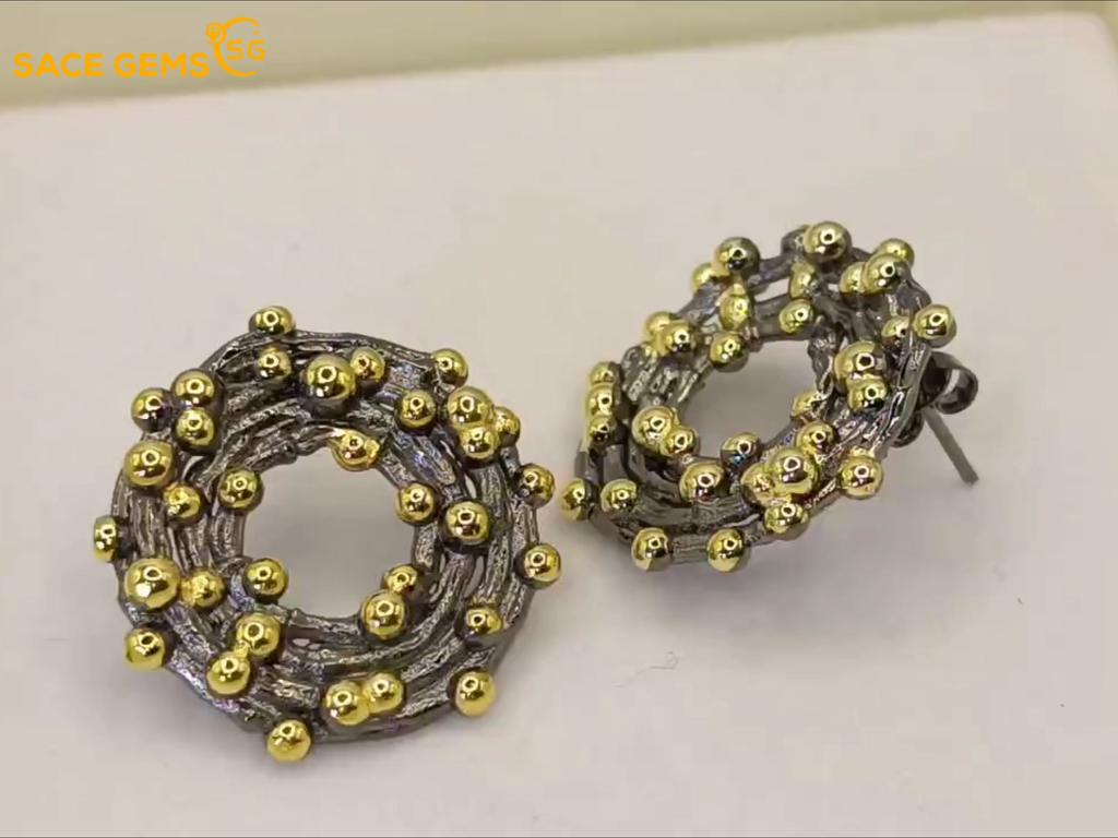 SACE GEMS Ethnic Vintage Earrings Luxury Two Tone Stud Earring for Women Trendy Jewelry
