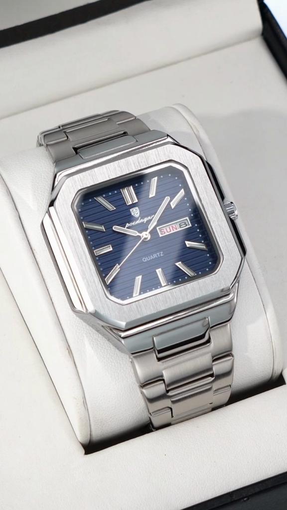 POEDAGAR Luxury Square Fashion Man Wristwatch Waterproof Luminous Date Week Quartz Watches Stainless Steel Watch