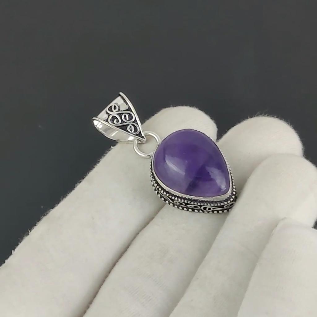 Natural Amethsyt Birthstone Silver Pendant In 925 Sterling Silver - Handmade Pear Design, Everyday Wear Jewelry Anniversary Gift