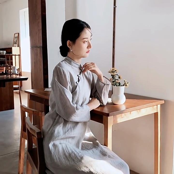 Johnature Dámské čínské stylové cheongsam jednobarevné stojáček s dlouhým rukávem, knoflíky, ramie, vintage jarní šaty, dámské oblečení