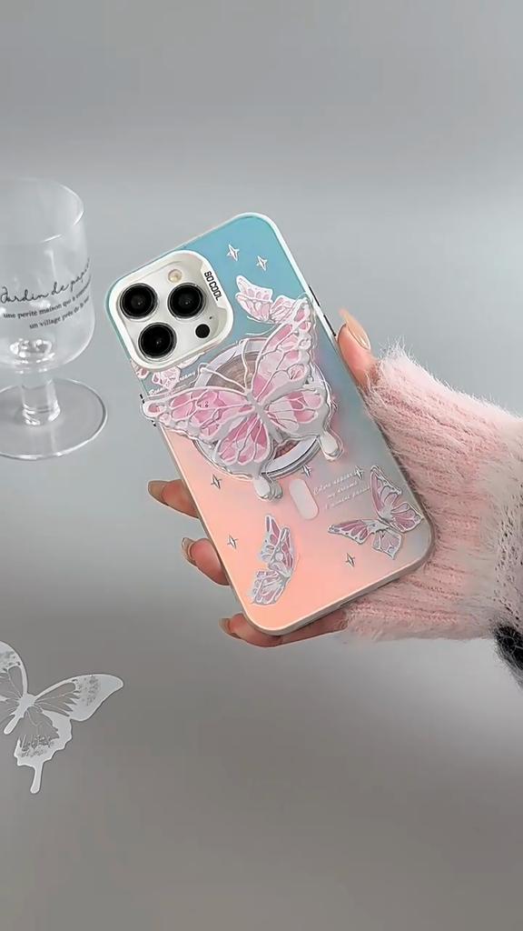 Magnetic Bracket Frosted Phone Case Compatible and Suitable for iPhone15 14 13 12 11promax Xsmax Xr 7 8plus Elegant Pink Butterfly