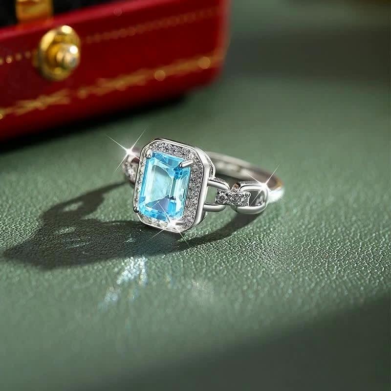 S925 Sterling Silver Square Natural Crystal Ring, Paved Colored Gems Adjustable Band, Luxury European Style Jewelry for Women, Daily Wear & Gift