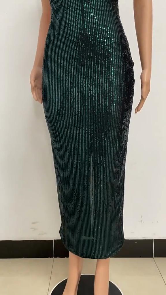 Women's Sleeveless French Dress with Slit Sequin Evening Gown