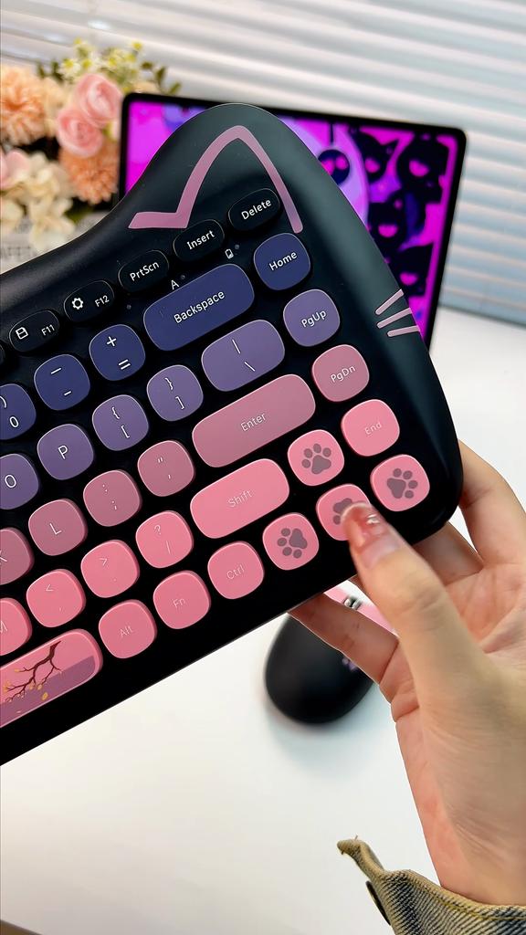 Cat 2.4g Wireless Keyboard - Mouse Bundle: Lovable Pink Punk - themed Set for Laptop, PC and Home Office Environments