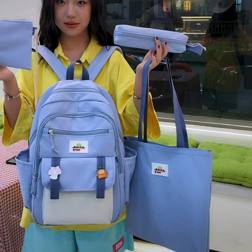 Four-Piece Backpack Set Student Schoolbag Stitching Contrast Color Campus Backpack Large Capacity Backpack for Primary and Secondary School Students