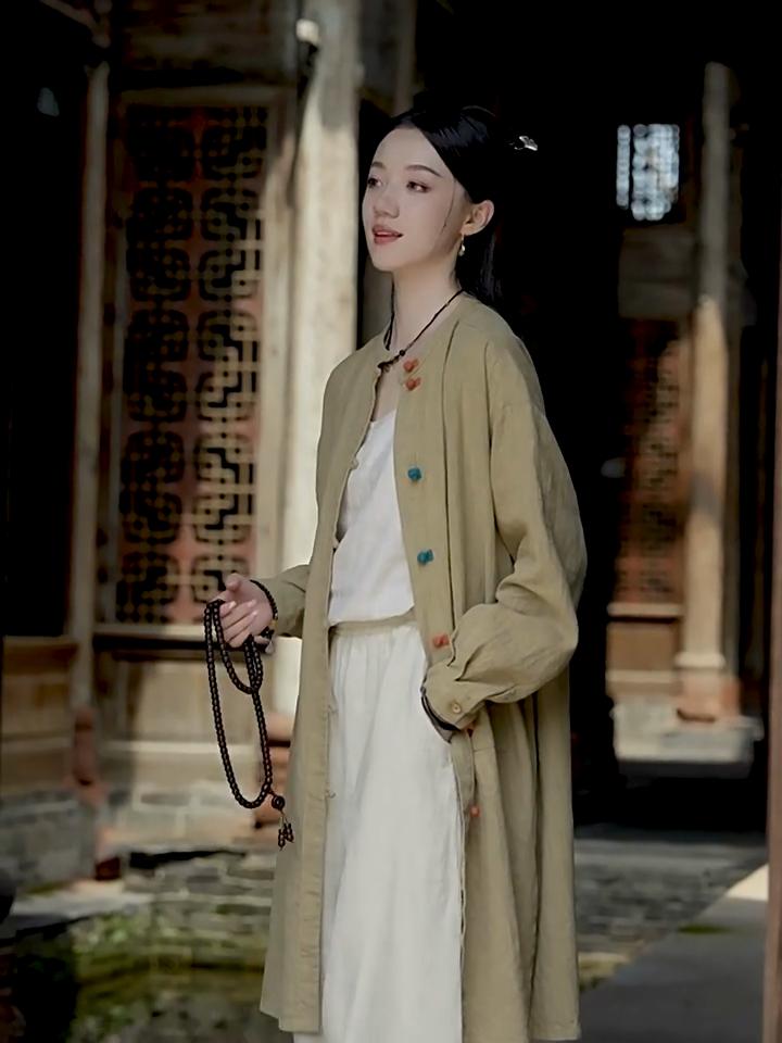 Johnature Women Chinese Style Shirts Tops Solid Color Button Blouses  Autumn Mid-length Vintage Shirts
