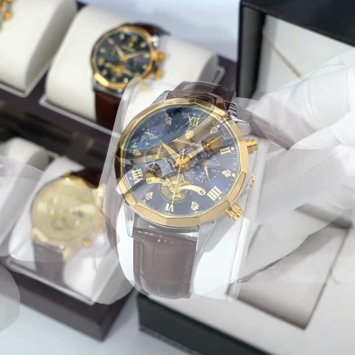 Luxury Men Wristwatch Quartz Waterproof Luminous Moon Phase Chronograph Leather Man Watch Male Reloj