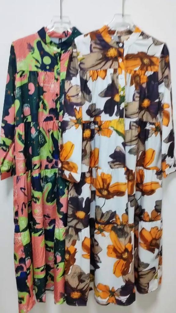 XITAO Print Long Sleeve Dress Patchwork Single Breasted Stand Collar Pullover Loose DMJ3615