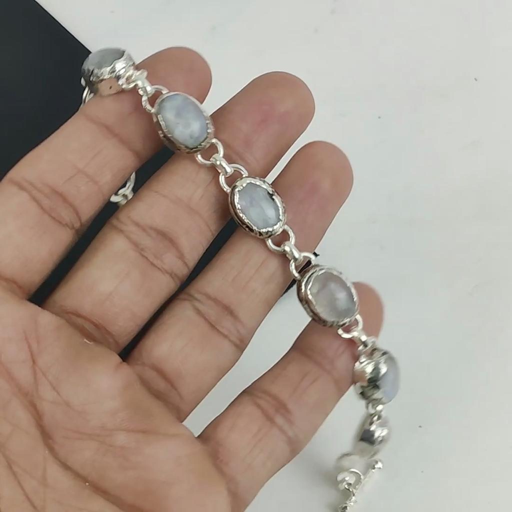 Rainbow Moonstone Handmade Jewelry, 925 Sterling Silver Bracelet, Rainbow Moonstone Bracelet For Wife , Unisex Bracelet Party Wear Gift