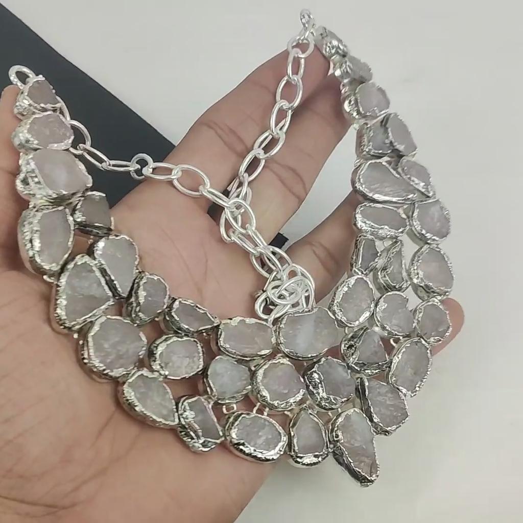 Natural Raw Rose Quartz Gemstone Handmade 925 Sterling Silver Electroform Necklace, Raw Rose Quartz Silver Necklace For Wife, Unisex Necklace Gifts