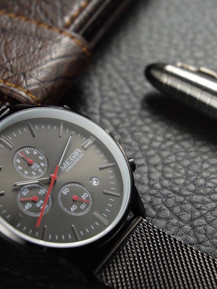 Megir Men Watches Mesh Stainless Steel Quartz Chronograph Watch Clock Relogio Masculino for Male Students Relogios