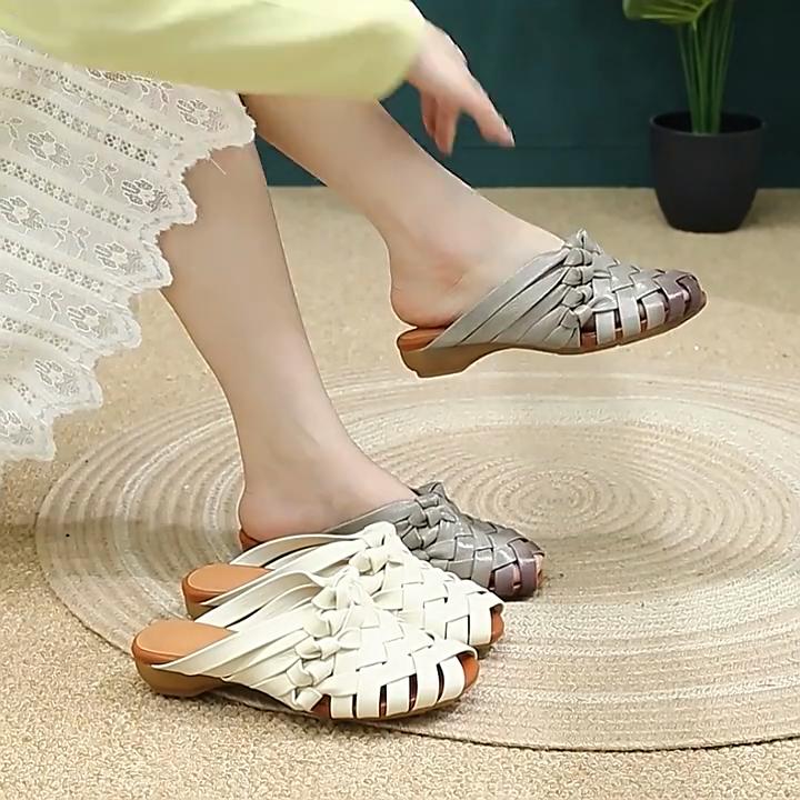 Johnature Retro Hand Woven Peep Toe Outdoor Slippers Summer Breathable And Versatile Genuine Leather Women's Shoes
