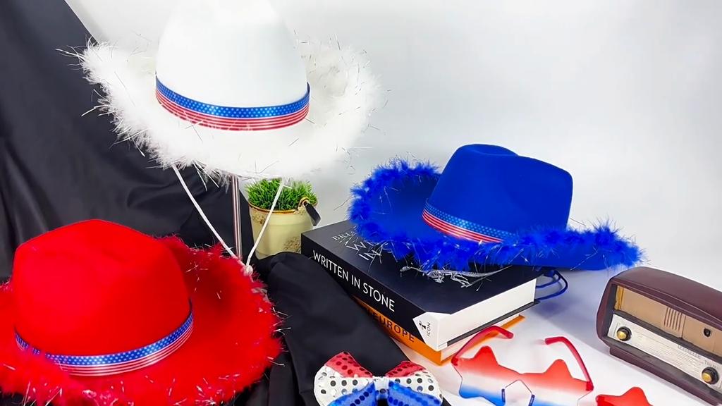 White Star Accented Frayed Denim Hat With Us Flag Ribbon For Celebrations And Party Events