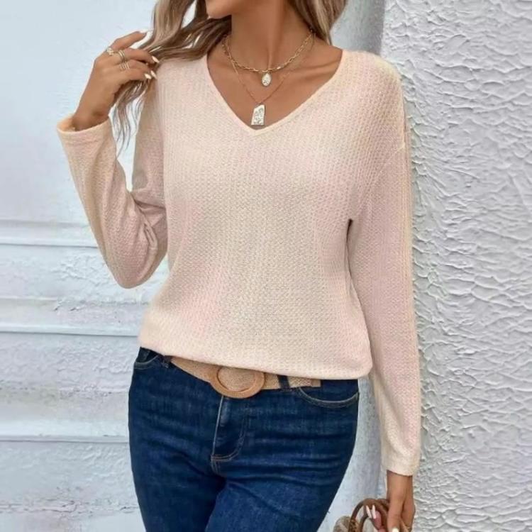 Elegant Women's V-neck Patchwork Fashionable Lace Back Tied Bow Long Sleeved T-shirt Top