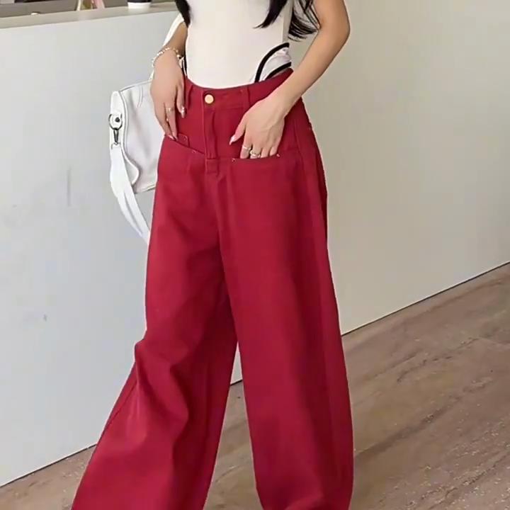 Y2K czerwone luźne dżinsy damskie koreański styl ponadgabarytowe proste spodnie dżinsowe z szeroką nogawką kobiece Retro spodnie z wysokim stanem Streetwear