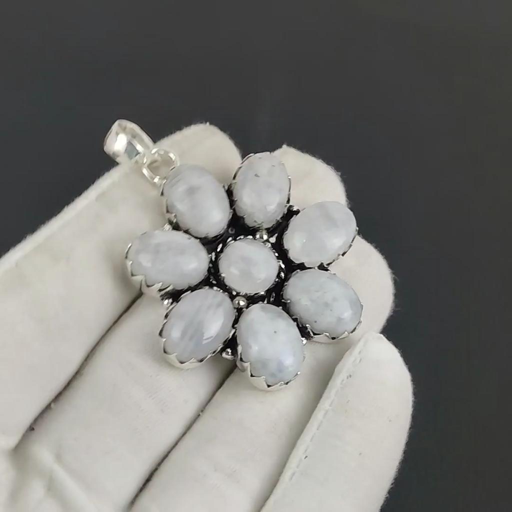 Natural Rainbow Moonstone Silver Flower Pendant In 925 Sterling Silver - Handmade Pear Design, Everyday Wear Jewelry Party Wear Gift