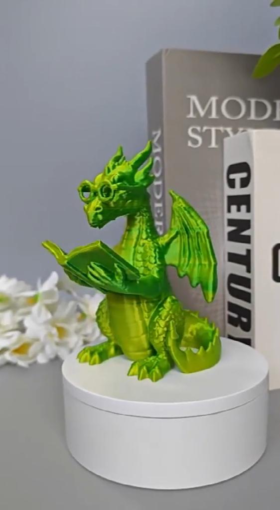 Dragon Ornaments 3D Printed Reading Figurine, Cute Statue with Glasses Fantasy Book Decor Book, Desktop Bookshelf Decor, Lover Gift Whimsical Desk