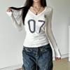 New Women's Solid Color Slim Fit Street Fashion V-neck Printed Long Sleeved Top for Women