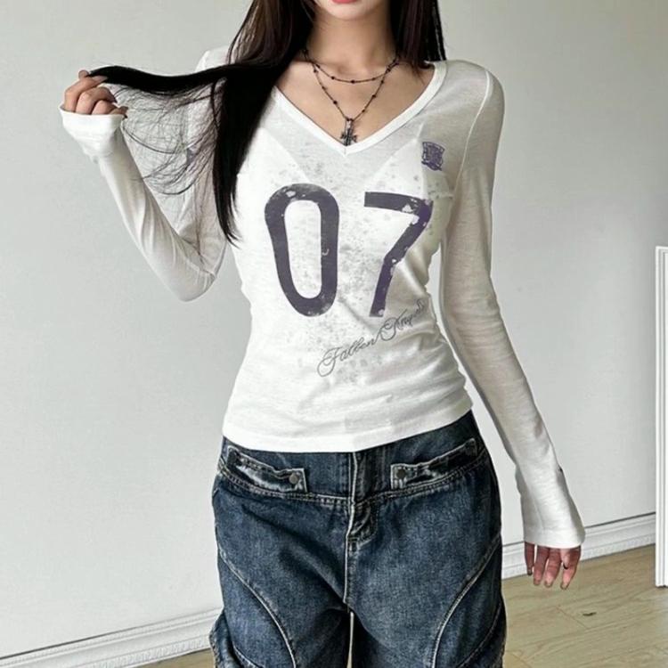 New Women's Solid Color Slim Fit Street Fashion V-neck Printed Long Sleeved Top for Women