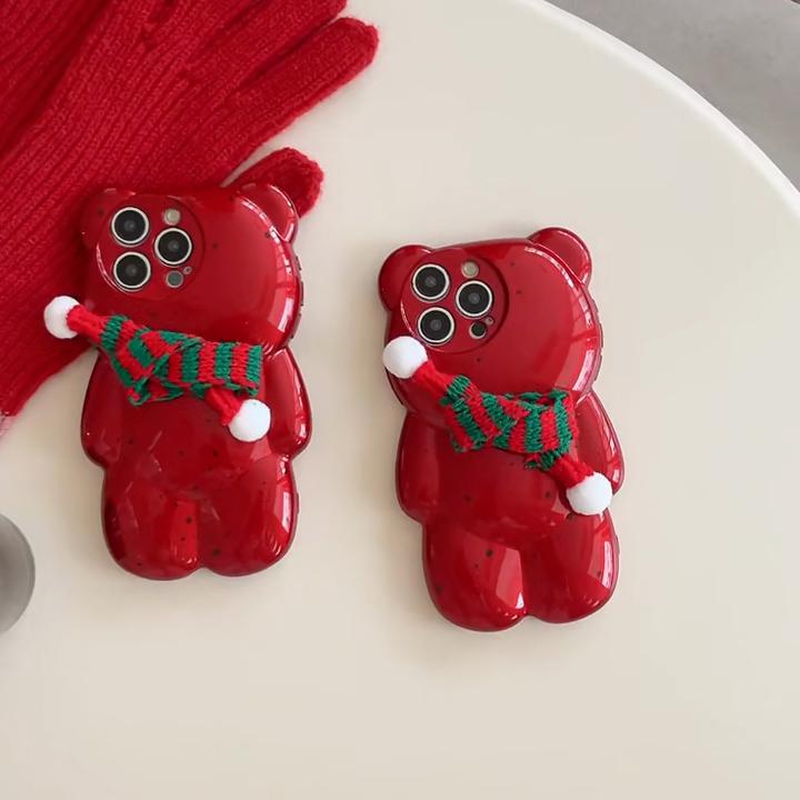 Cute Cartoon Christmas Scarf 3D Splashing Ink Bear Phone Case For iPhone 16 15 14 13 12 11 Pro Max Lovely Gift Back Cover Funda
