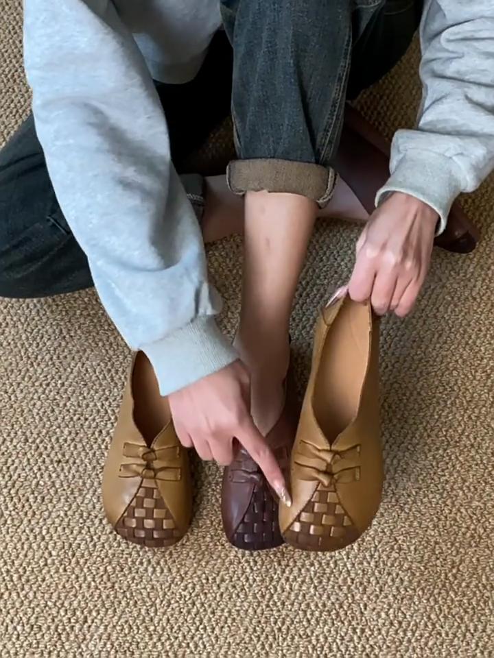 Johnature Genuine Leather Retro Soft Soled Slip-on Shoes Versatile Comfortable Women's Flat Shoes