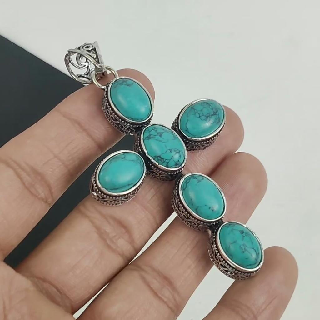 Natural Turquoise Gemstone Pendant 925 Sterling Silver- Handmade Cross Design, Everyday Wear Jewelry, Unique Turquoise Pendant Gifts