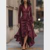 Polyester Satin Vneck Waist Ruffle Dress For Elegant Occasions