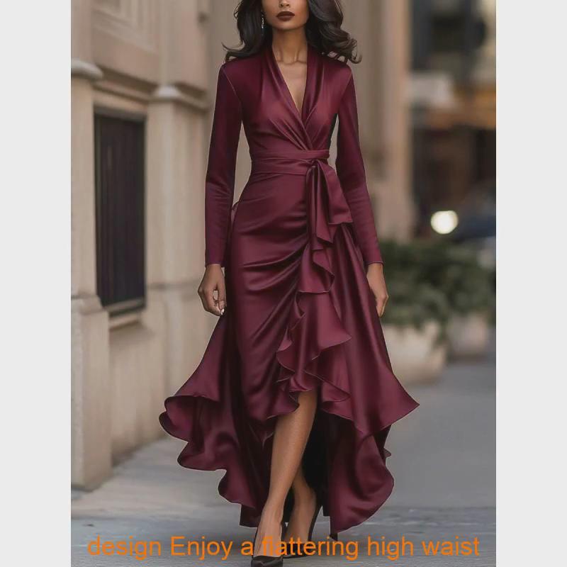 Polyester Satin Vneck Waist Ruffle Dress For Elegant Occasions