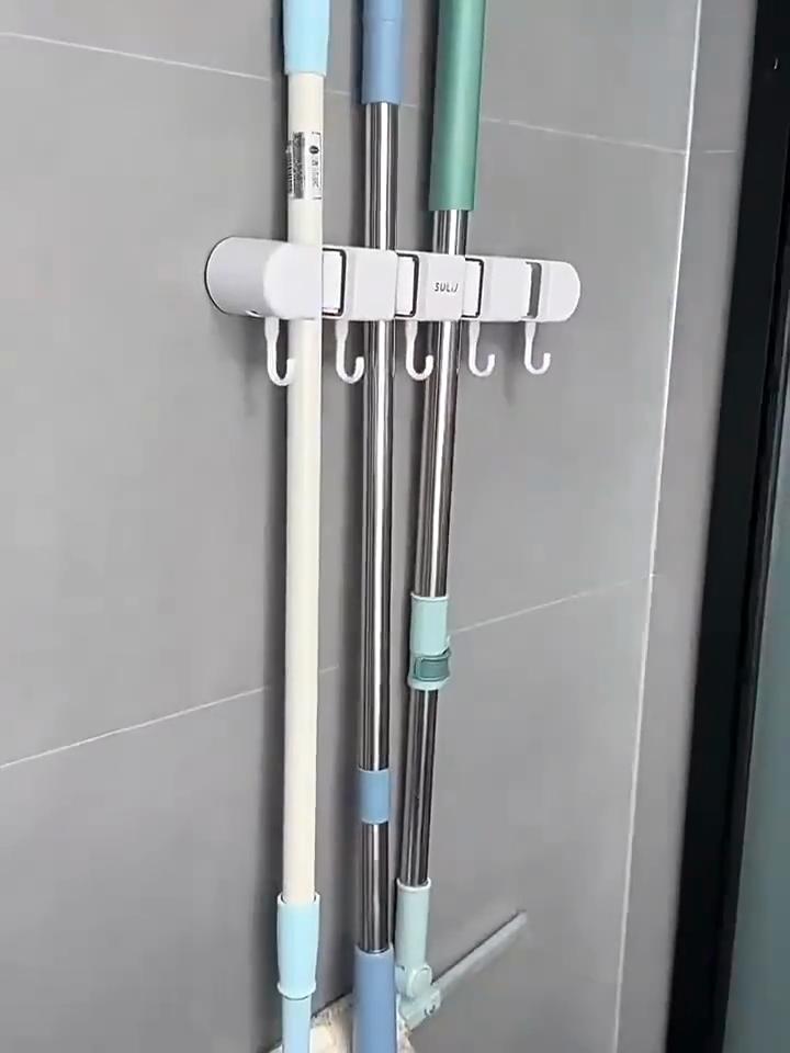 Wall Mounted Mop and Broom Rack | Bathroom Non Drilling Adhesive Storage Box | Heavy Plastic with Flexible Silicone Clip | Home Cleaning Tools