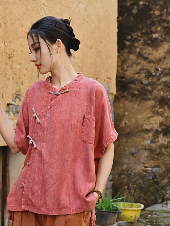 Johnature Women Vintage Shirts Tops O-Neck Bat Sleeve Blouses Summer Solid Color Loose Button Pockets Shirts