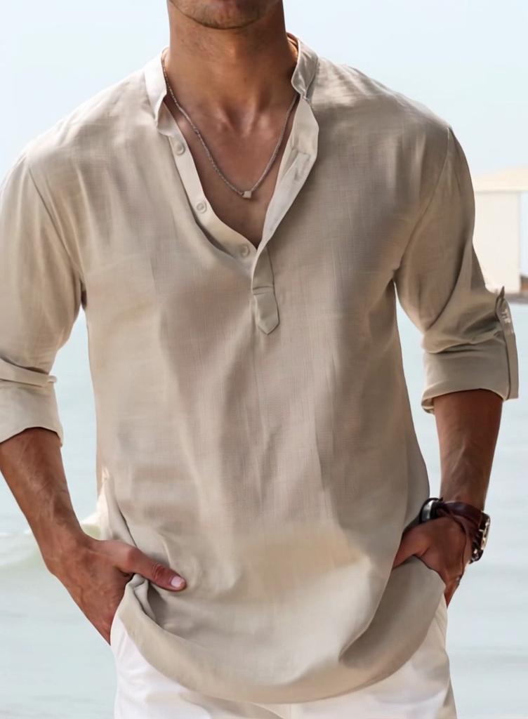 Νέα βαμβακερά λινά πουκάμισα για άντρες Casual πουκάμισα Ελαφρύ μακρυμάνικο Henley Beach πουκάμισα Χαβάης μπλουζάκια T για άντρες Streetwear