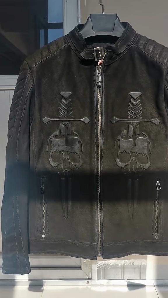 Chinese Size Vintage Motorcycle Jacket Skull 100% Cowhide Slim Fit Men Leather Jacket Distressed Moto Biker Coat Winter M203