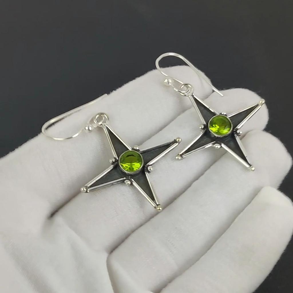 Amazing Peridot Gemstone Star Shape Earrings, 925 Sterling Silver Earring, Handmade Boho Silver Jewelry Dangle Earrings, Anniversary Gift