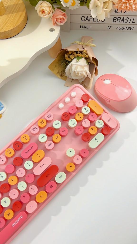 Mofii Sweet Bezdrátová retro kulatá klávesnice Kombinovaná myš Ergonomie 104 klíčových kompatibilních více systémů pro herní notebooky Kancelářskou práci