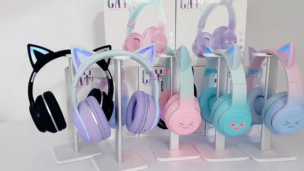 Cute Cat's Ears Headset Wireless Bluetooth 5.1 Headphone RGB Colour Lights Music Gaming Headset Stereo Music Earphone Girls Kids Gifts