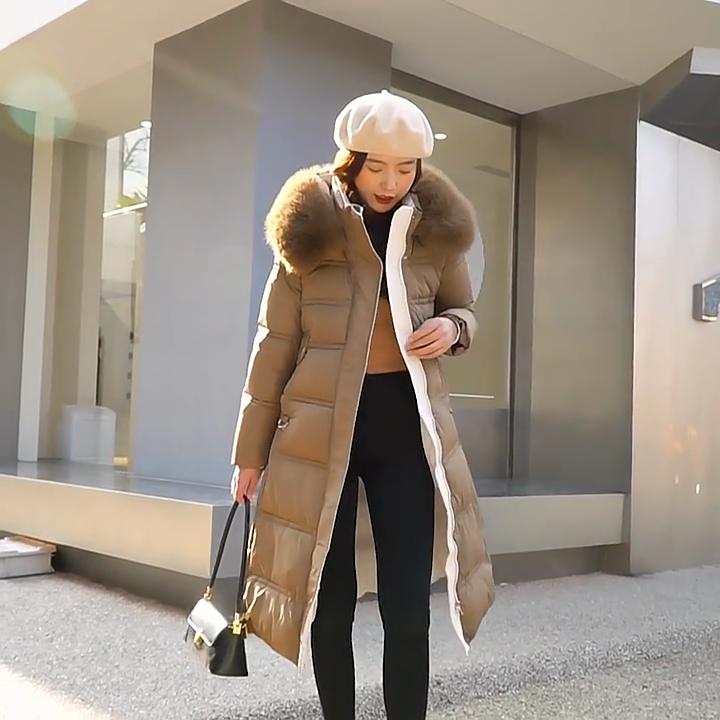 Down Cotton Clothes Women's Long Over-knee Big Fur Collar Korean Version Slim and Thin Belt Jacket Coat