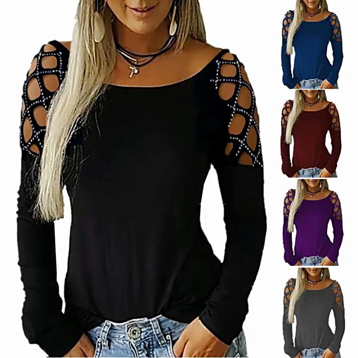 Plain Long Sleeve T Shirt With Embellished Rhinestones For Women Fashion