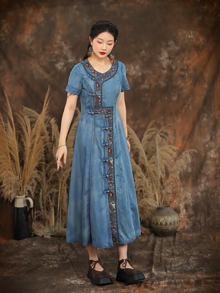 Johnature Summer Woman Chinese Style Single Breasted Cheongsam Dress Disc Buckle Vintage Embroidery Cowboy Dress