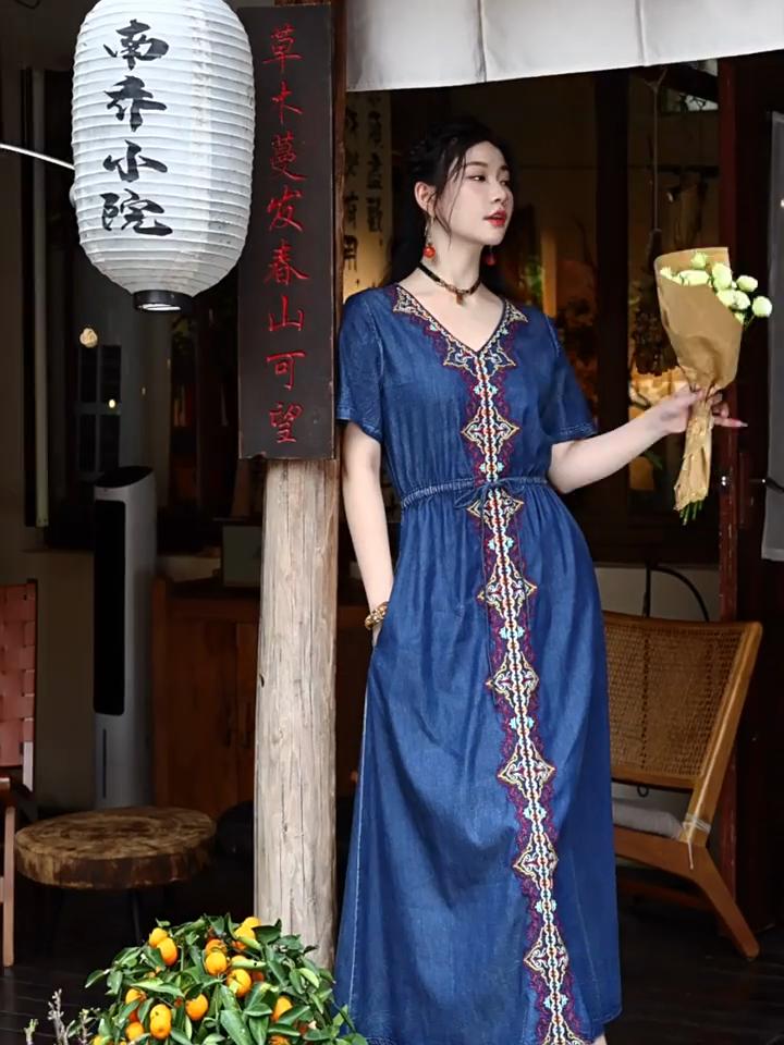 Johnature Femeie Moda de primavara stil chinezesc rochie cu decolteu in V broderie vintage cu maneci scurte rochie casual