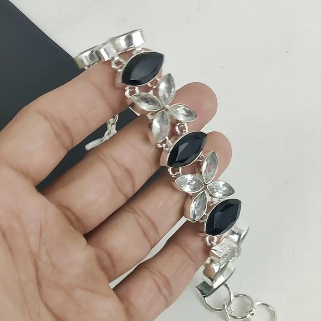 Dainty Black Spinel Gemstone Handmade Jewelry, 925 Sterling Silver Bracelet, White Topaz Bracelet For Wife , Unisex Bracelet, Wadding Gift