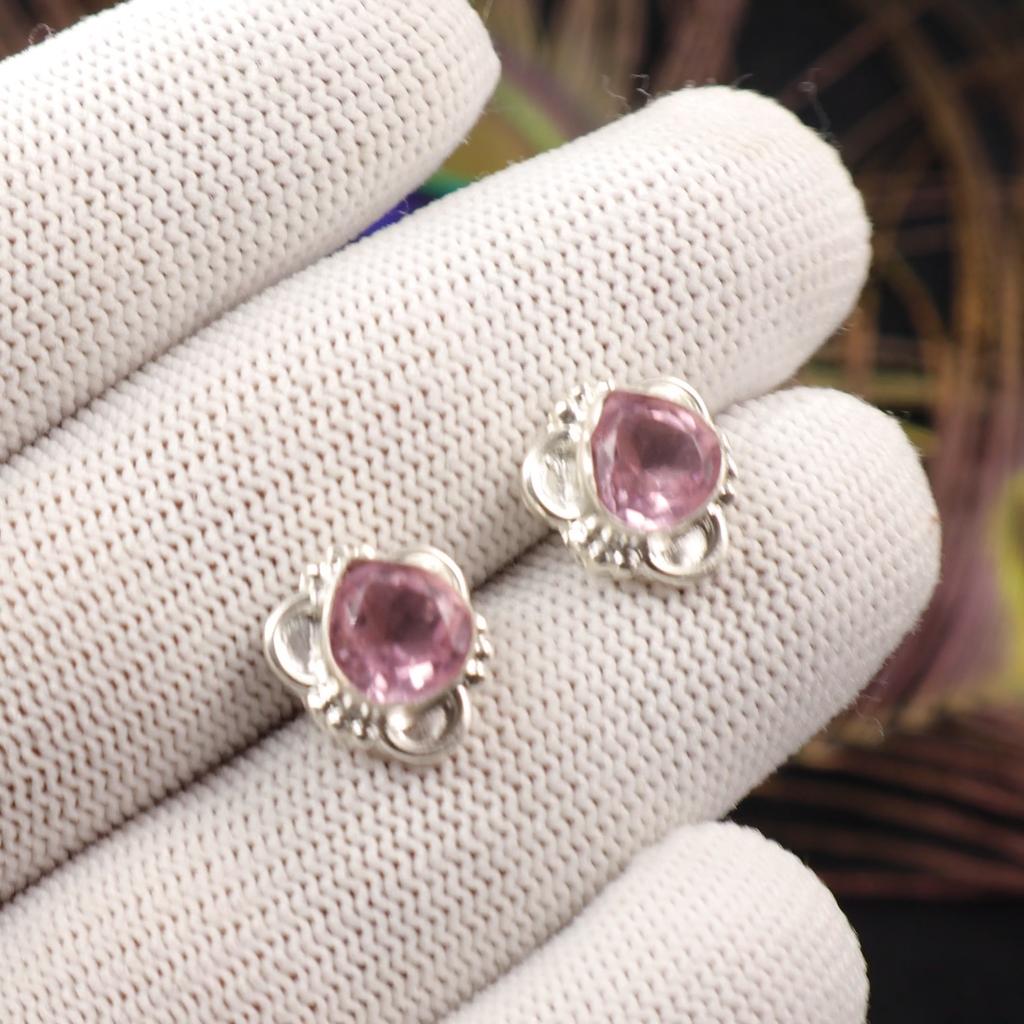 Morganite Gemstone Studs Earrings 925 Sterling Silver Handmade Jewelry For Women EE-159-6