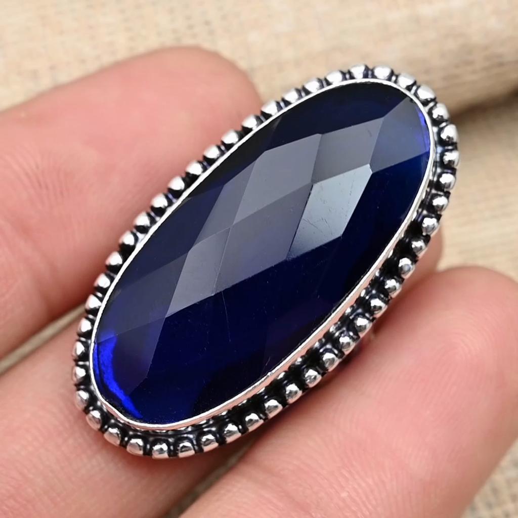 Blauer Saphir-Edelstein, 925er-Sterlingsilber, handgefertigt, erstaunlicher Schmuckring