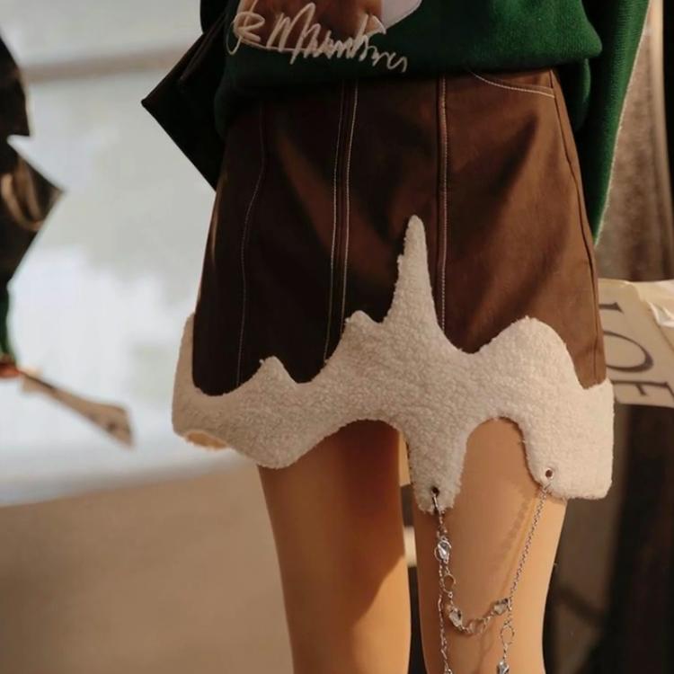 Autumn Winter Contrast Color Patchwork A-line Skirt Women Elastic Waist Pockets Lolita Sweet Chain Asymmetrical Female Clothing