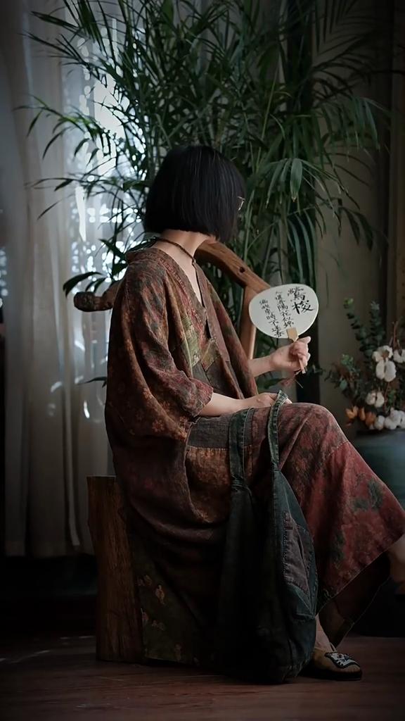 Johnature Dámské vintage šaty patchwork netopýří rukáv podzim V-výstřih volné čínský styl dámské šaty