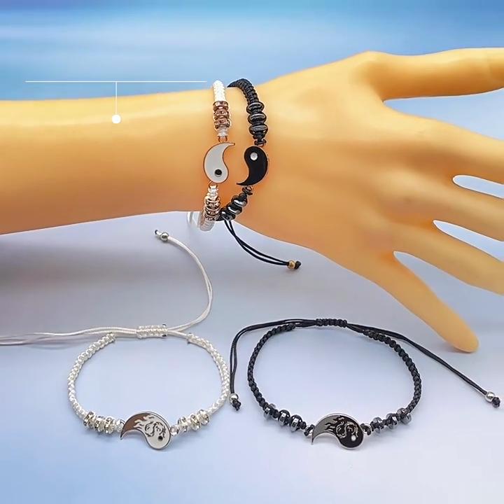 2pcs Jewelry Set Couple Black White Tai Chi Bracelet Rope Adjustable Chain Set Simple Style Daily Wear Jewelry